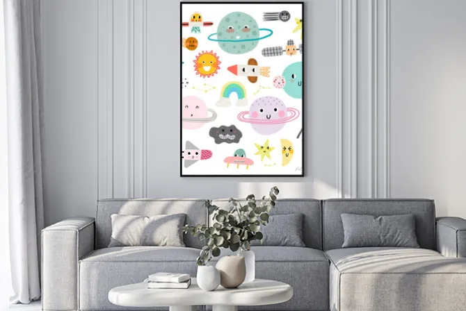 Plakat: Сute set of cosmic elements. kawaii moon, sun and planets vector