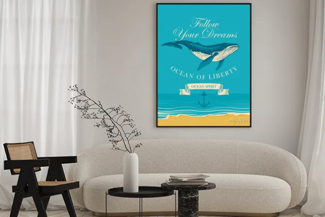 Plakat: Vector banner with big hand drawn whale and inscription follow