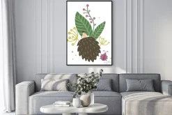 Plakat: Vector hand drawn flat hedgehog with berries, leaves and ladybug