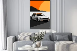 Plakat: Vector hatchback car on landscape background. use for illustration
