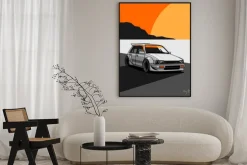 Plakat: Vector hatchback car on landscape background. use for illustration