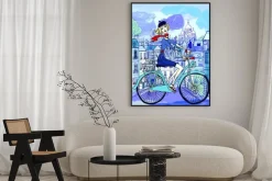 Plakat: Vector illustration of a young woman on a bicycle in paris