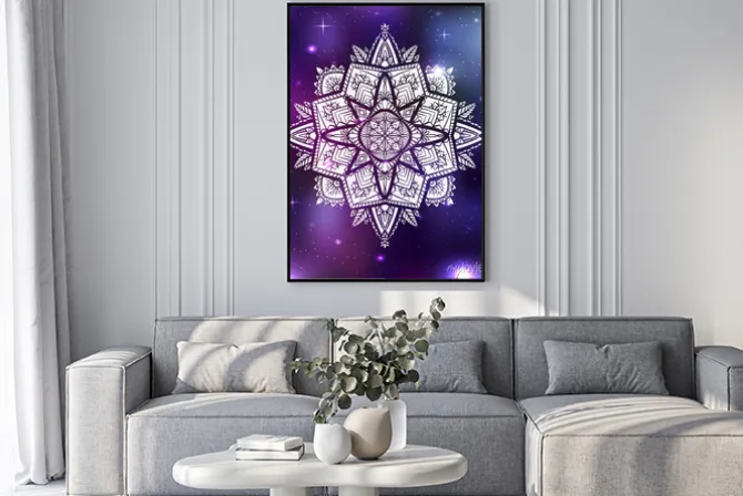 Plakat: Vector neon illustration of zen mandala with boho pattern, space