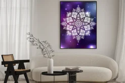 Plakat: Vector neon illustration of zen mandala with boho pattern, space