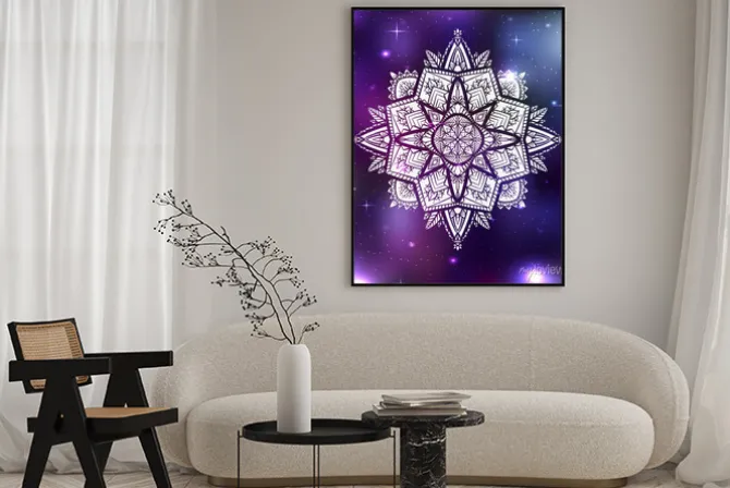 Plakat: Vector neon illustration of zen mandala with boho pattern, space