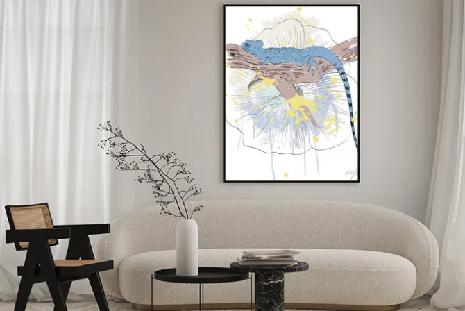 Plakat: Vector szkic jaszczurki słodkimi kwiatami