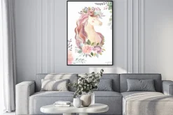 Plakat: Vintage ilustracji z cute jednorożca i kwiatów