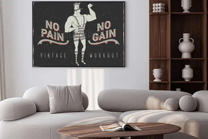 Plakat: Vintage plakat z cyrkowym mężczyzną i hasłem: „no pain no gain”