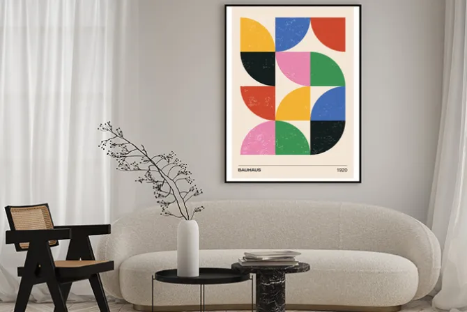 Plakat: W stylu bauhaus kolorowe półkola modernistyczna abstrakcja