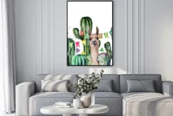 Plakat: Watercolor card with llama looks out from the thickets of the