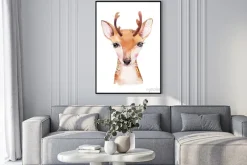 Plakat: Watercolor cartoon isolated cute baby deer animal with flowers.