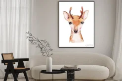 Plakat: Watercolor cartoon isolated cute baby deer animal with flowers.