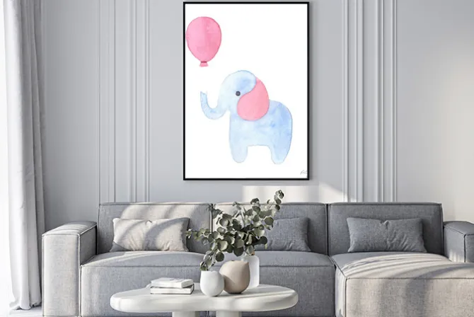 Plakat: Watercolor hand painted cute blue and pink cartoon elephant with