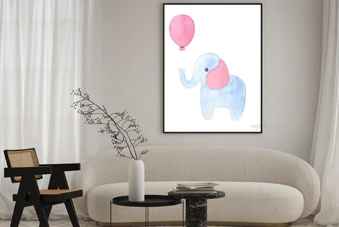Plakat: Watercolor hand painted cute blue and pink cartoon elephant with