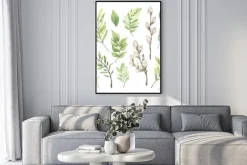 Plakat: Watercolor illustrations with eucalyptus, green leaves and willow.