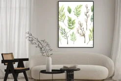 Plakat: Watercolor illustrations with eucalyptus, green leaves and willow.