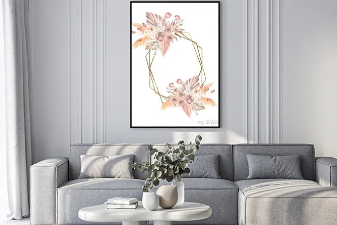 Plakat: Watercolor illustration. gold polygonal frame in boho style
