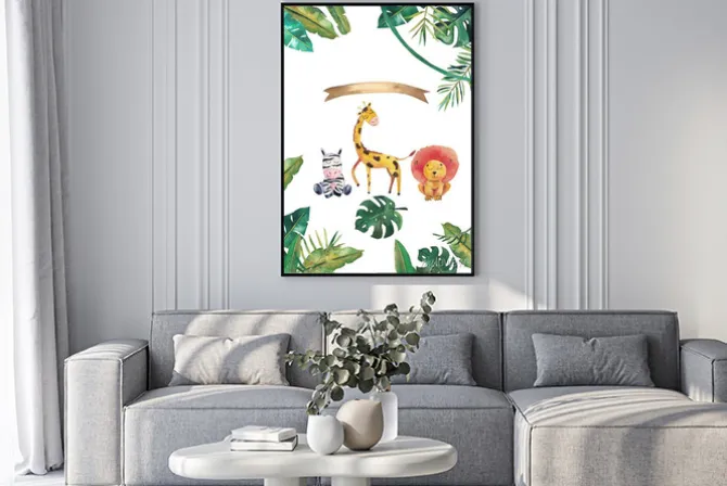 Plakat: Watercolor invitation with wild animals and jungle leaves. children