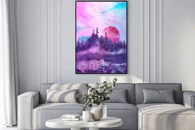 Plakat: Watercolor logo, postcard, background silhouette of the forest,