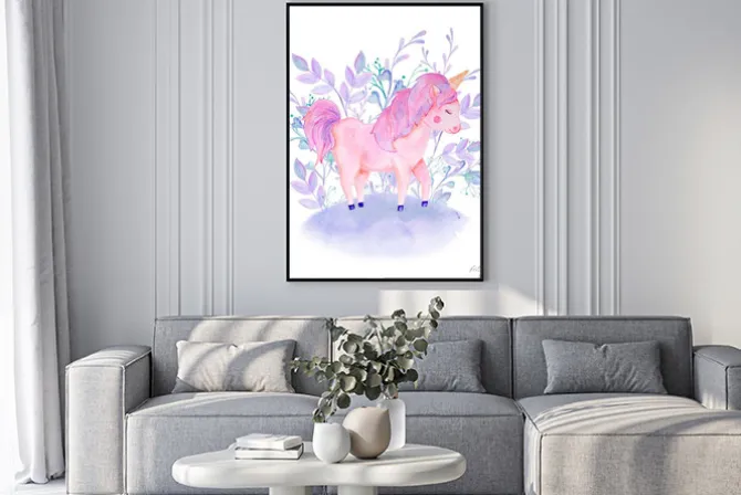 Plakat: Watercolor pink, lilac unicorn composition with flowers