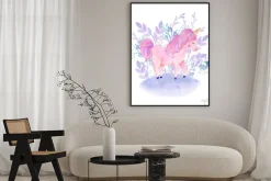 Plakat: Watercolor pink, lilac unicorn composition with flowers