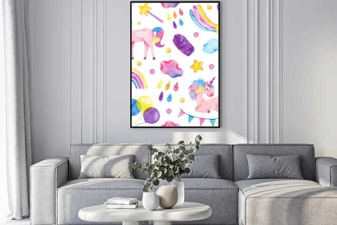 Plakat: Watercolor seamless pattern with cute unicorn, magic wand, rainbow,