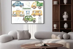 Plakat: Watercolor set with a cute cartoon kids transport for a boy.