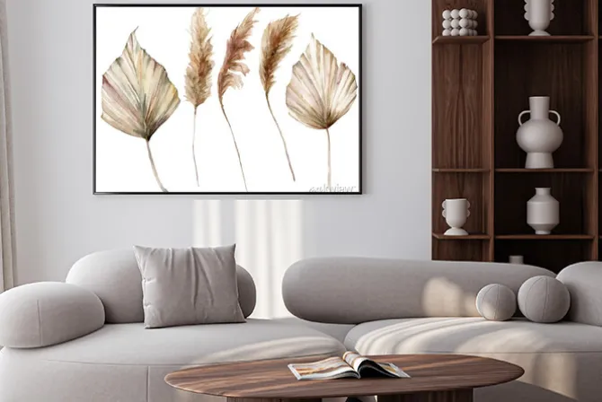 Plakat: Watercolor tropical set with dry palm leaves and pampas grass.