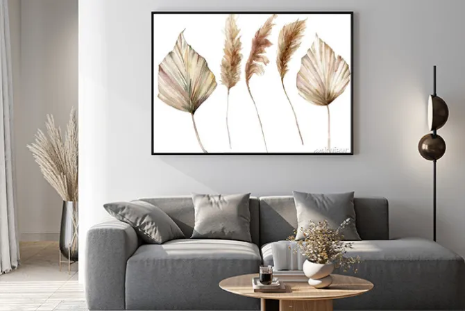 Plakat: Watercolor tropical set with dry palm leaves and pampas grass.