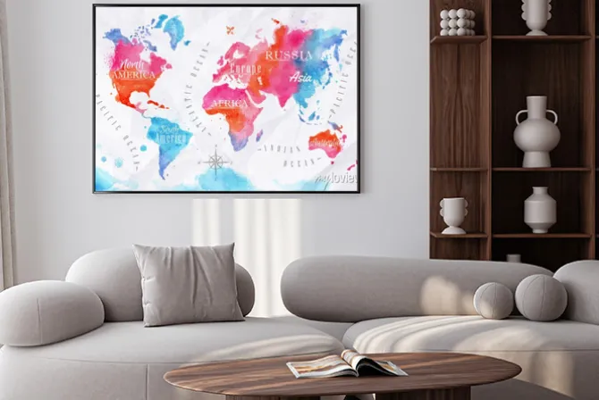 Plakat: Watercolor world map pink blue