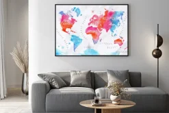 Plakat: Watercolor world map pink blue