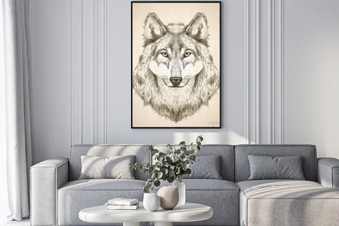 Plakat: Wektor szkic ilustracja widok z przodu głowy wilka.