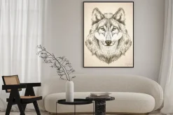 Plakat: Wektor szkic ilustracja widok z przodu głowy wilka.