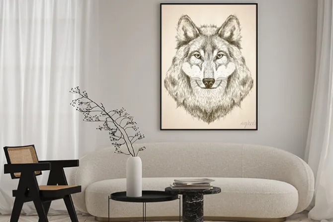 Plakat: Wektor szkic ilustracja widok z przodu głowy wilka.