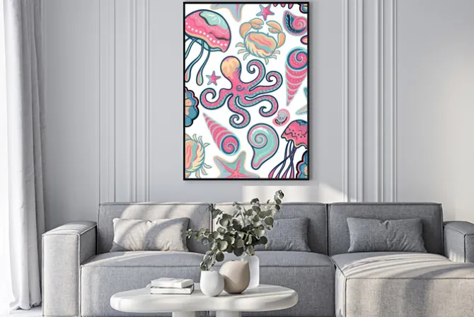 Plakat: Wektor wyciągnąć rękę szwu z meduzy, muszle, rozgwiazdy, ośmiornice