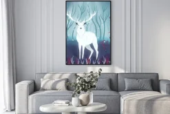 Plakat: White deer in a forest. colorful illustration portrait of beautiful