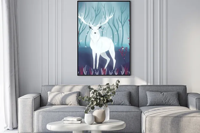 Plakat: White deer in a forest. colorful illustration portrait of beautiful