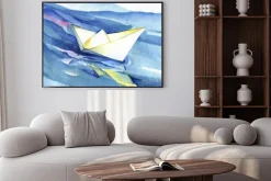 Plakat: White paper ship żagle na falach. akwarela statku i wody morskiej.