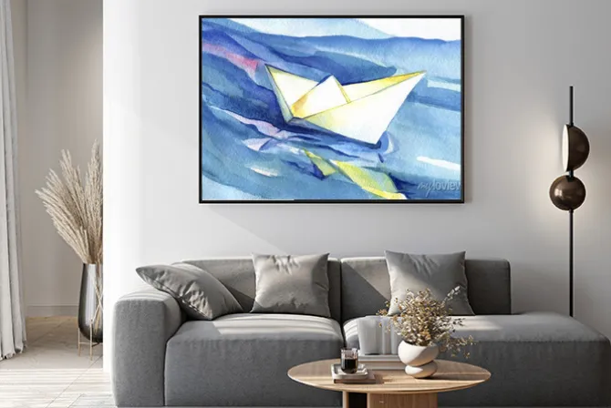 Plakat: White paper ship żagle na falach. akwarela statku i wody morskiej.