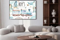 Plakat: Świat chłopców. kreskówka samolot i waggon ilustracja lokomotywa