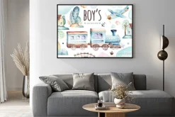 Plakat: Świat chłopców. kreskówka samolot i waggon ilustracja lokomotywa