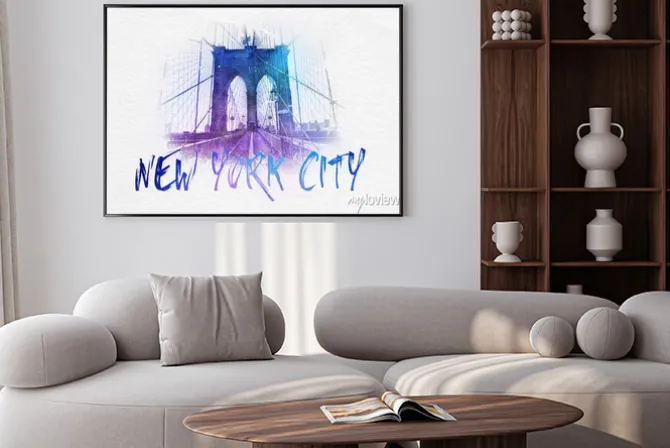 Plakat: Widok na brooklyn bridge z przodu z tekstem nyc