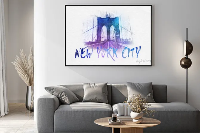 Plakat: Widok na brooklyn bridge z przodu z tekstem nyc