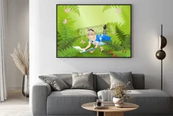 Plakat: Wonderland alicja czyta książkę na trawniku paproci