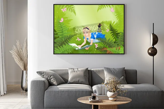 Plakat: Wonderland alicja czyta książkę na trawniku paproci