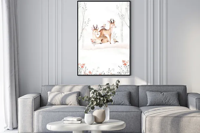 Plakat: Woodland watercolor cute animals baby deer. scandinavian cartoon
