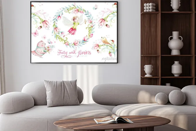 Plakat: Wróżka z kwiatami i ptakami