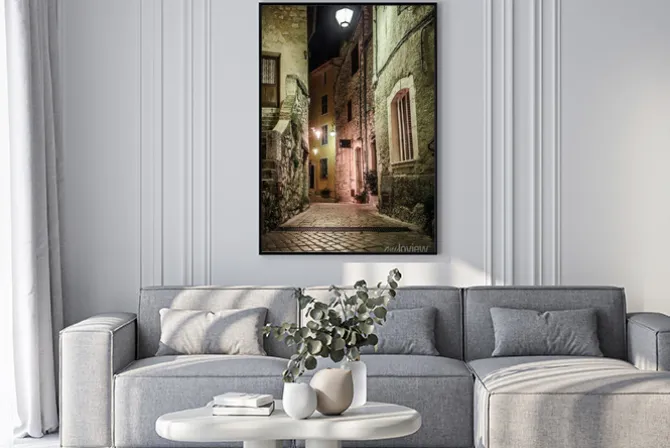 Plakat: Wąska brukowana ulica z kwiatami w starej wiosce tourrettes