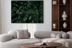 Plakat: Wąska ulica między lasem, widok trutnia