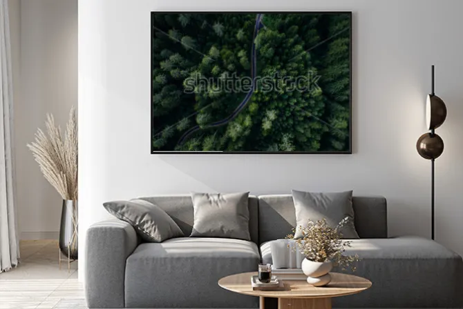 Plakat: Wąska ulica między lasem, widok trutnia